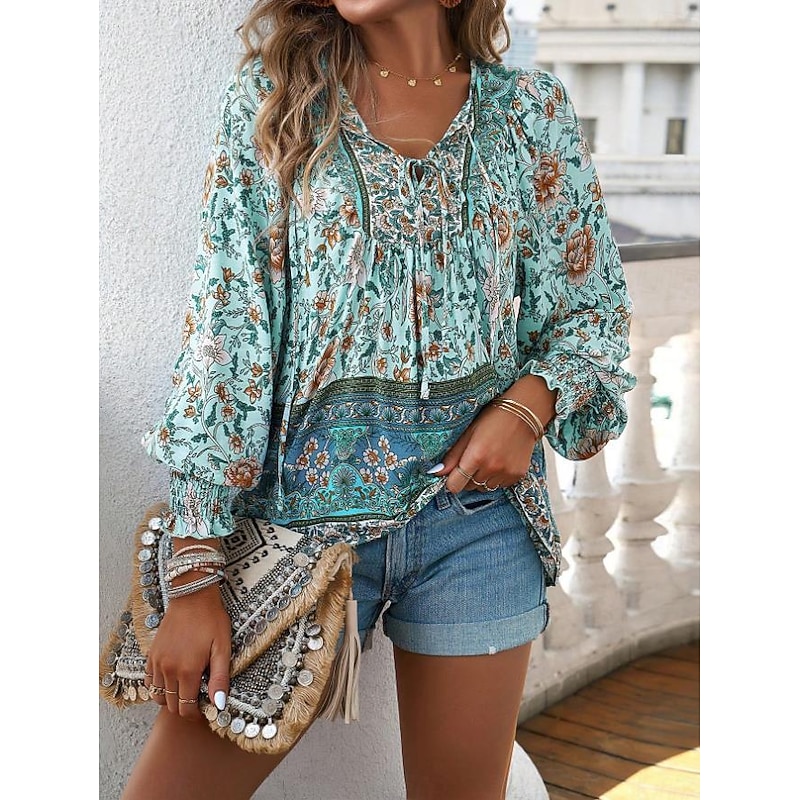 Women's Blouse Stylish Boho Floral Tie Front Lantern Sleeve Long Sleeve Tie Neck Daily Pink Navy Blue Orange Green Summer