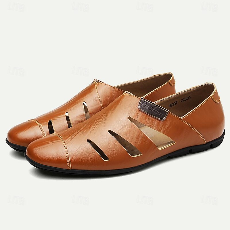 Men's Brown Leather Cutout Loafers - Breathable Slip-On Casual Shoes for Summer2