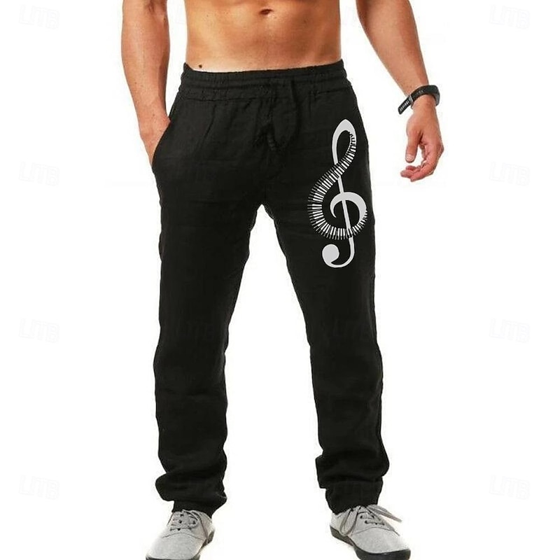 Men's Summer Pants Elastic Waist Graphic Prints Musical Instrument Comfort Full Length Outdoor Streetwear Vacation Hawaiian Black White Micro-elastic2