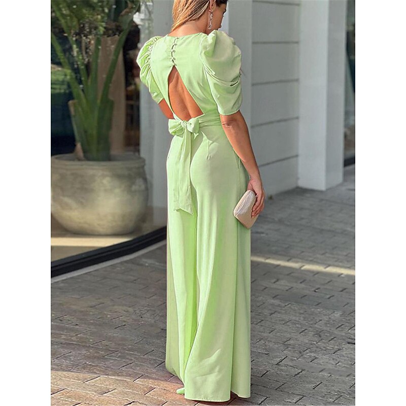 Women's Normal Jumpsuit Elegant Solid Color Short Sleeve V Neck Backless Pocket Street Daily Regular Fit Black Yellow Light Green Summer3