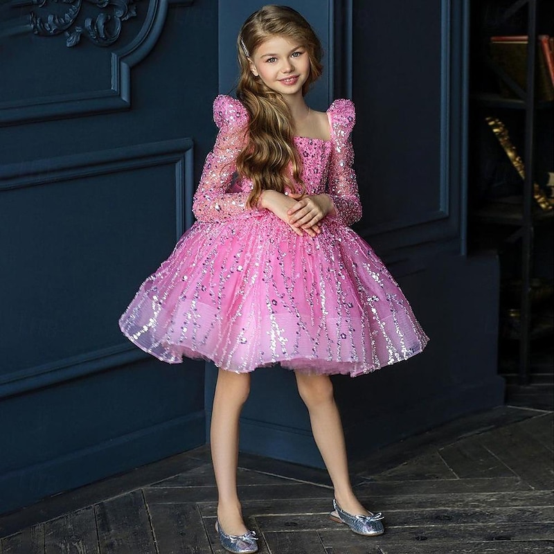 Toddler Girls' Party Dress Sequin 3/4 Length Sleeve Performance Mesh Cute Princess Polyester Above Knee Sheath Dress Tulle Dress Summer Spring Fall 4-7 Years Pink Purple4