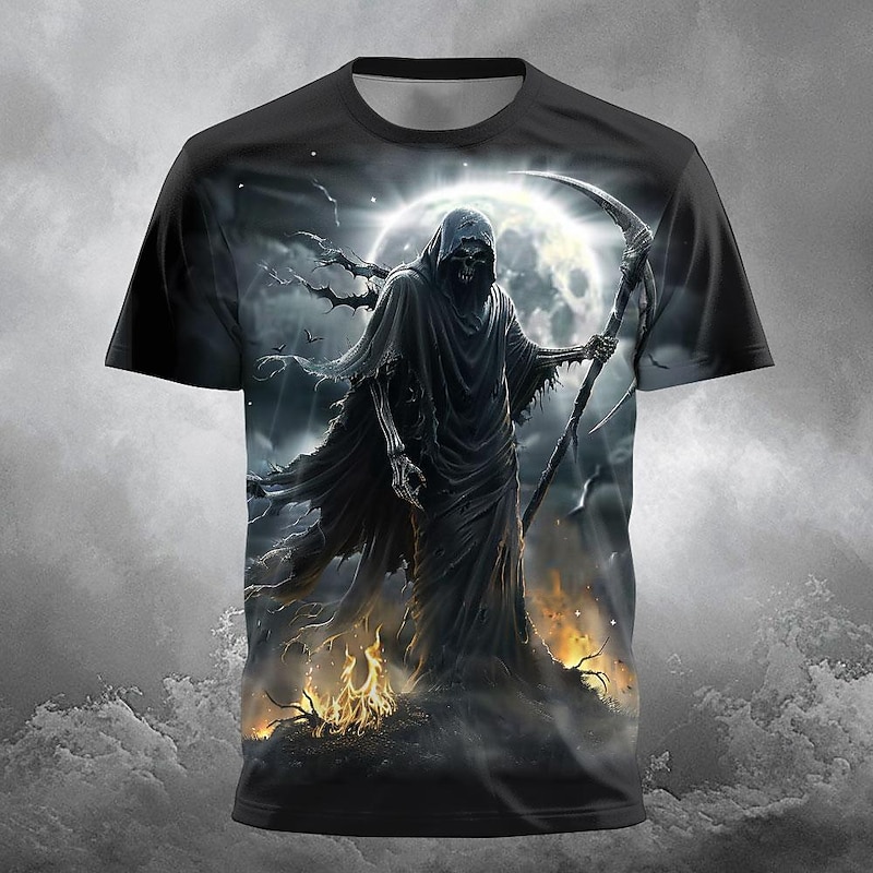 Men's Grim Reaper Fire Reaper T Shirt Short Sleeve T shirt 3D Print Crew Neck Shirt Designer Gothic Party Street Casual Black 1 Black Summer Spring Clothing Apparel S M L XL XXL XXXL