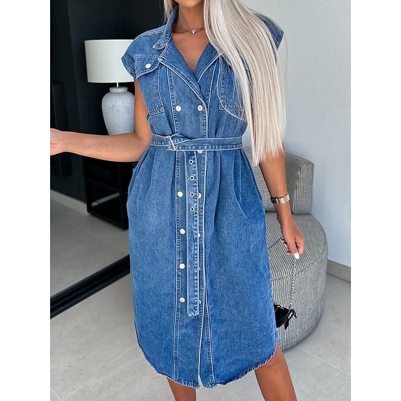 Women's Denim Dress Shirt Dress Midi Dress Date Vacation Denim Basic Modern Shirt Collar Pocket Belted Short Sleeve Summer Spring Regular Fit Plain