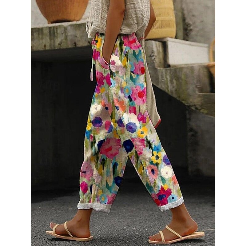 Women's Pants Baggy Pants Casual Daily Long Floral Drawstring Side Pockets Print Breathability Comfortable Inelastic Weekend Orange Green Spring & Summer Regular Fit
