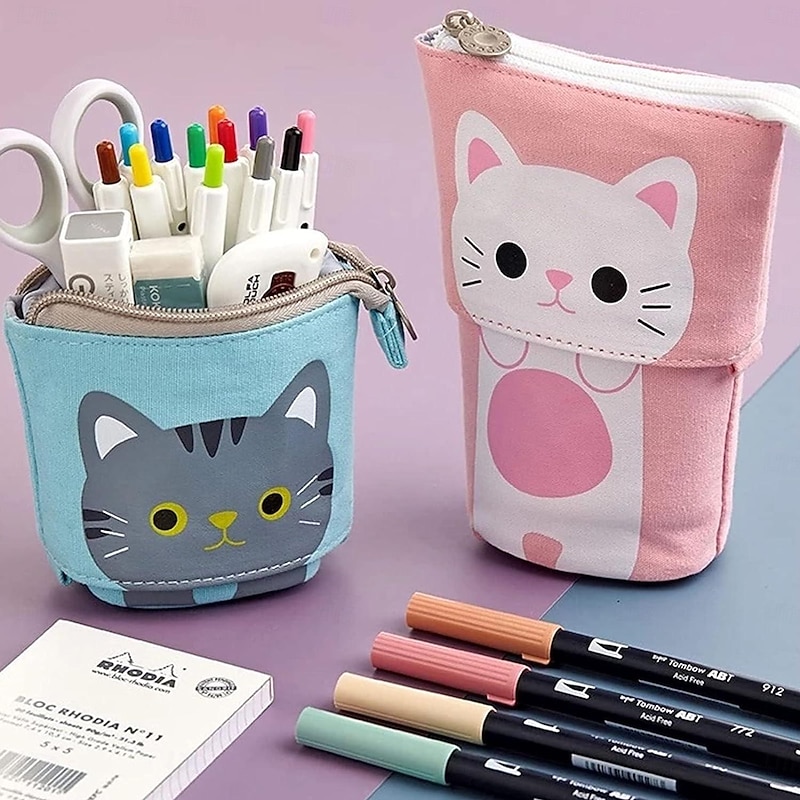 Standing Pencil Case Back to School Cute Telescopic Pen Holder Standing Pencil Pouch Organizer Pop up Pencil Bag Cosmetics Bag Portable Kawaii Stationary