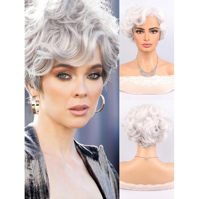 Synthetic Wig Bouncy Curl Short Bob Side Part Wig 10 inch Silver Synthetic Hair Women Dark Gray