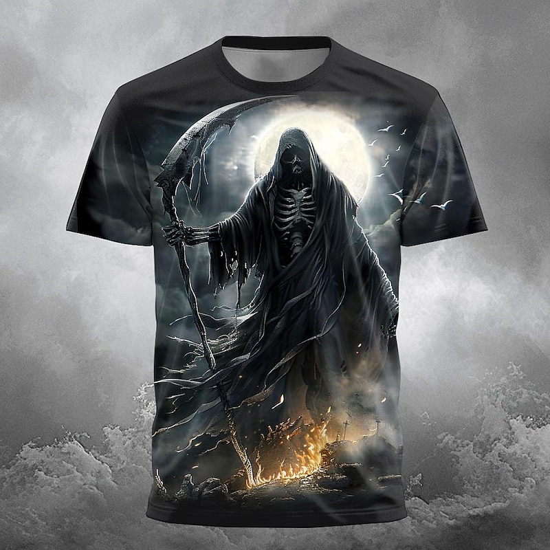 Men's Grim Reaper Fire Reaper T Shirt Short Sleeve T shirt 3D Print Crew Neck Shirt Designer Gothic Party Street Casual Black 1 Black Summer Spring Clothing Apparel S M L XL XXL XXXL4