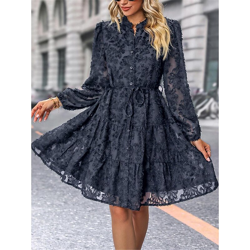 Women's Lace Dress Mini Dress Belted Formal Stand Collar Long Sleeve Black Wine Navy Blue Color