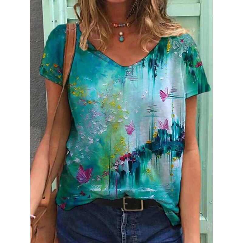Women's T Shirt Floral Butterfly Fashion Modern Short Sleeve V Neck Regular Tops Vacation Daily Yellow Pink Blue Khaki Summer