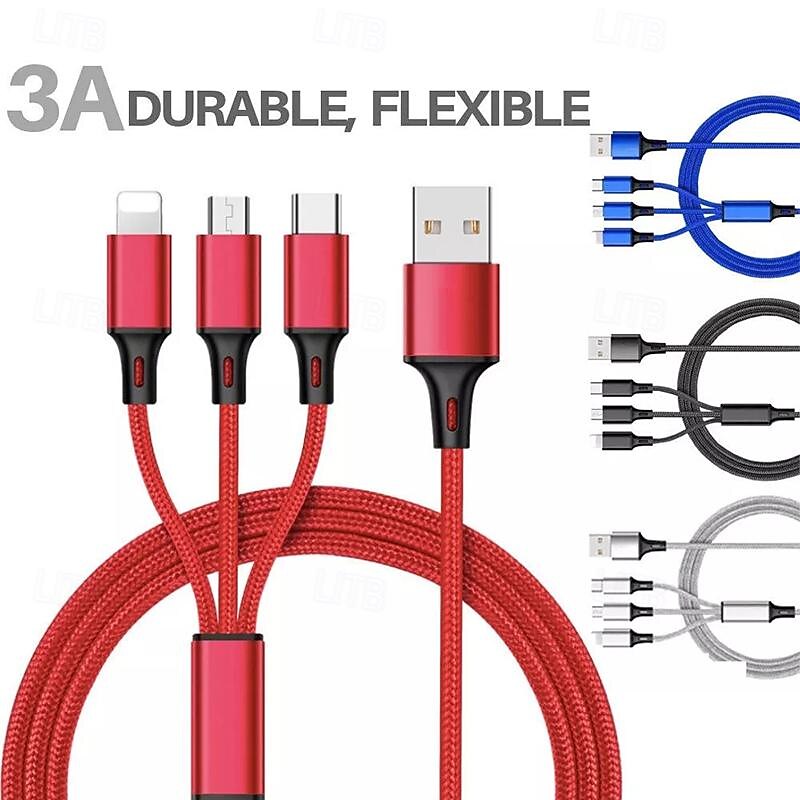 Multi Charging Cable USB A to Type C / Micro / IP 2.1 A Charging Cable Nylon Braided Durable 3 in 1 For Xiaomi Huawei iPhone Phone Accessory