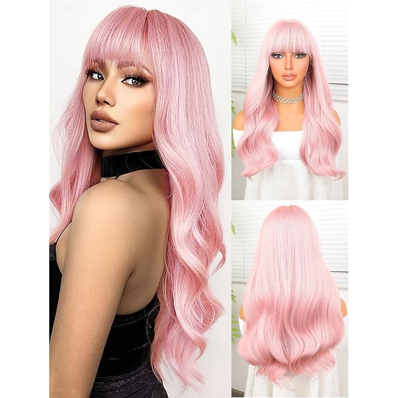 Synthetic Wig Deep Wave Neat Bang Wig 22 inch Pink+Red Synthetic Hair 22 inch Women Pink