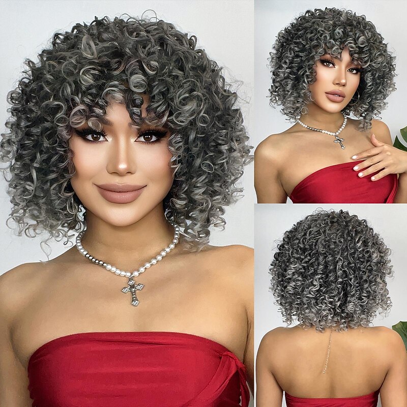 Synthetic Wig Uniforms Career Costumes Princess Deep Curly Afro Curly Middle Part Layered Haircut Machine Made Wig 10 inch Grey Synthetic Hair Women's Cosplay Party Fashion Dark Gray