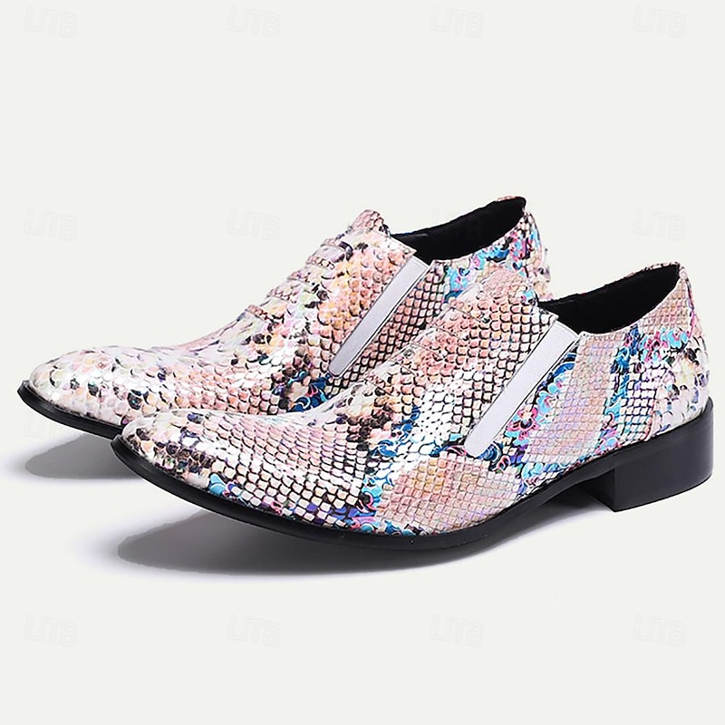 Men's Holographic Multicolor Sequin Leather Loafers with Gold Tip Elastic Gusset and Low Heel2