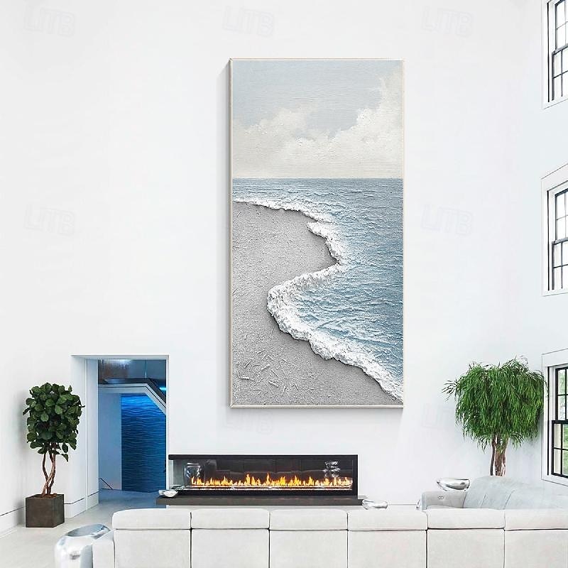 Light Blue Seascape Painting hand painted 3D Textured Art painting White Sea Wave Gray Beach Abstract Painting hand painted  Acrylic wave ocean Painting Large Framed Wall Art paintings