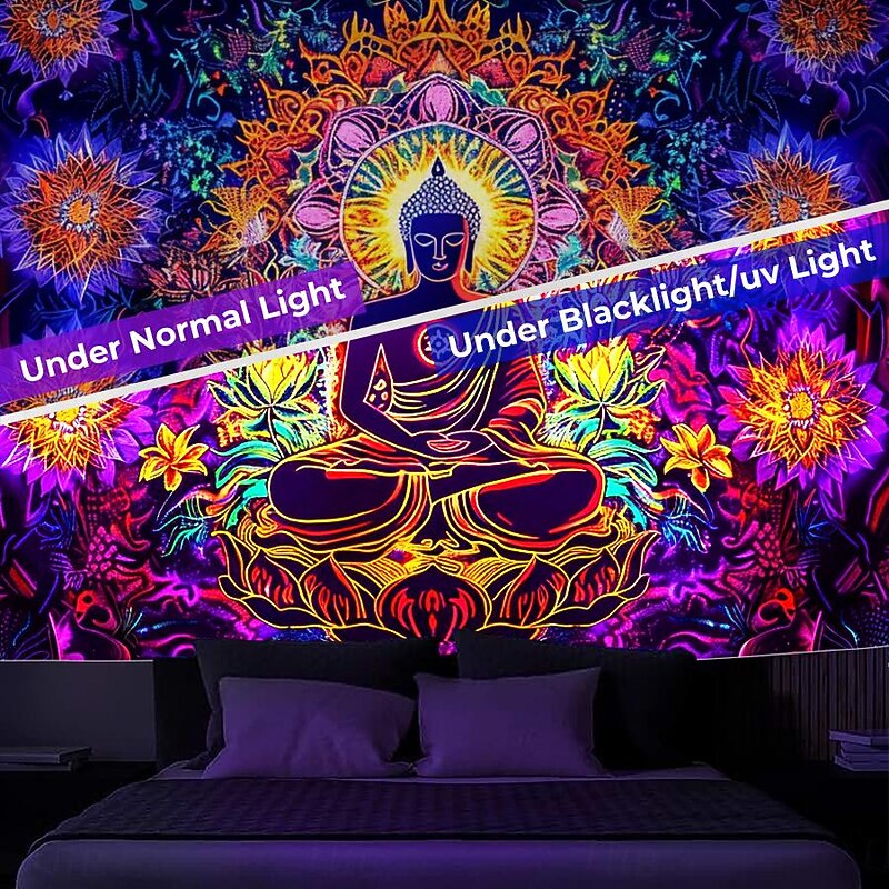 Bohemian Buddha Blacklight Tapestry UV Reactive Glow in the Dark Glow Party Lotus Trippy Misty Nature Landscape Hanging Tapestry Wall Art Mural for Living Room Bedroom3
