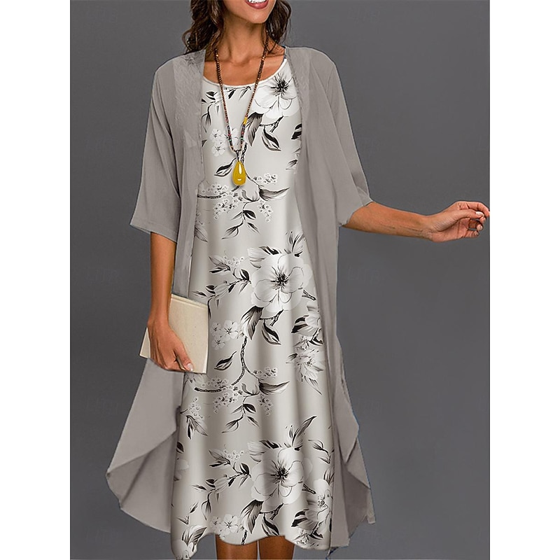 Women's Graduation Dress Midi Dress Two Piece Dress Set Dress Set Casual Dress Print Dress Elegant Fashion Floral Print 3/4 Length Sleeve Crew Neck Outdoor Daily Black White Pink Summer Spring