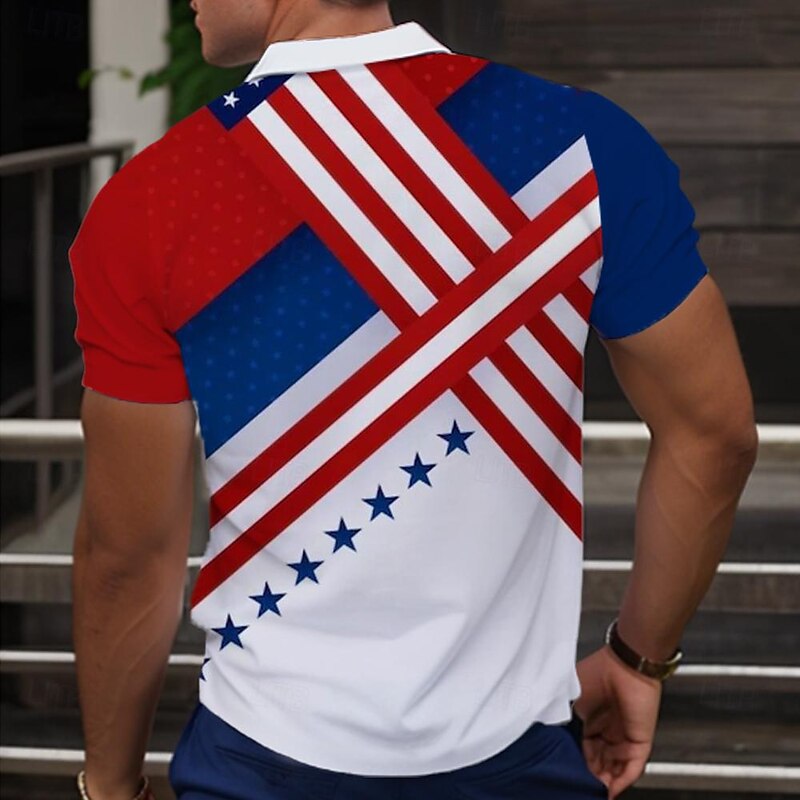 Men's American Flag Veterans Polo Shirts Golf Shirt Short Sleeve Polo Shirts Collared Shirts Streetwear Vacation Wear Party Outfits Buttons 3D Print Spring & Summer White Blue3
