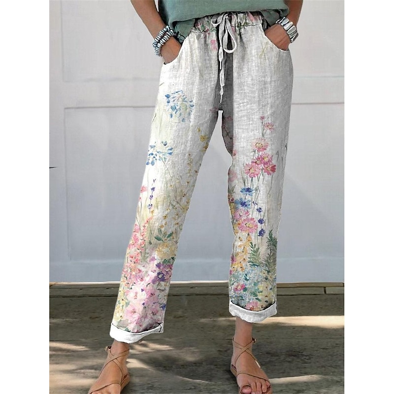 Women's Pants Trousers Straight Streetwear Casual Long High Waist Floral Pocket Printing Elastic Drawstring Design Breathability Soft Micro-elastic Vacation Street Daily Wear White Blue Green Gray3