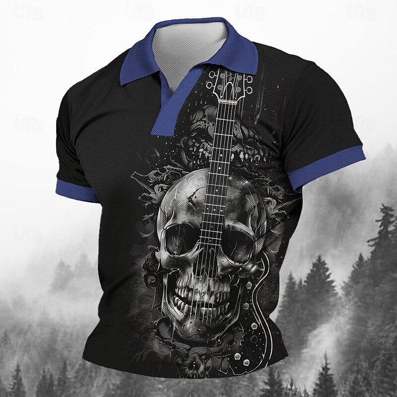 Day of the Dead Men's Skull Guitar Polo Shirts Golf Shirt Short Sleeve Polo Shirts V Neck Horror Streetwear Festival Wear Party Outfits 3D Print Spring & Summer Black