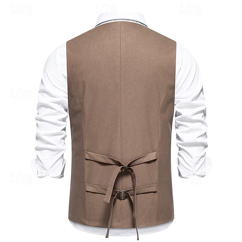 Men's Vest Gilet Daily Wear Vacation Going out Vintage Fashion Spring &  Fall Button Polyester Comfortable Plain Single Breasted V Neck Regular Fit Black Khaki Coffee Vest3