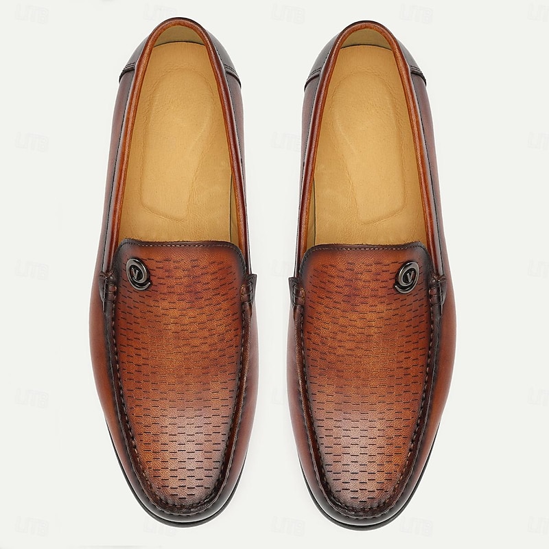 Men's Brown Leather Loafers – Elegant Slip-On Dress Shoes with Metal Detail4