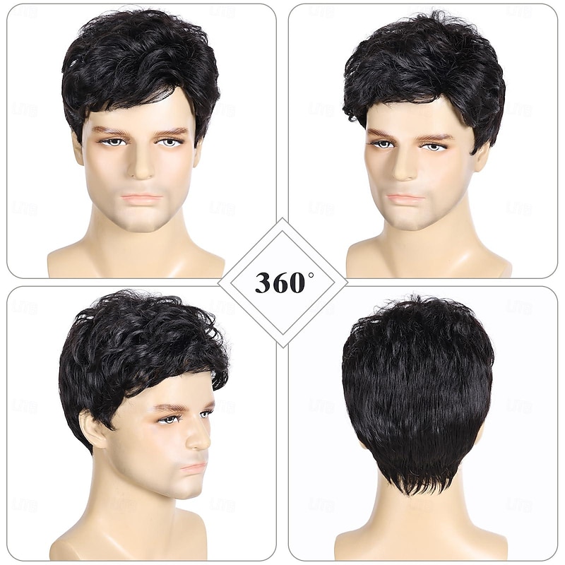 Mens Wigs Short Black Wigs for Men Natural Curly Layered Synthetic Full Hair Replacement Wig for Male Daily Wear Party Cospaly Costume Halloween3