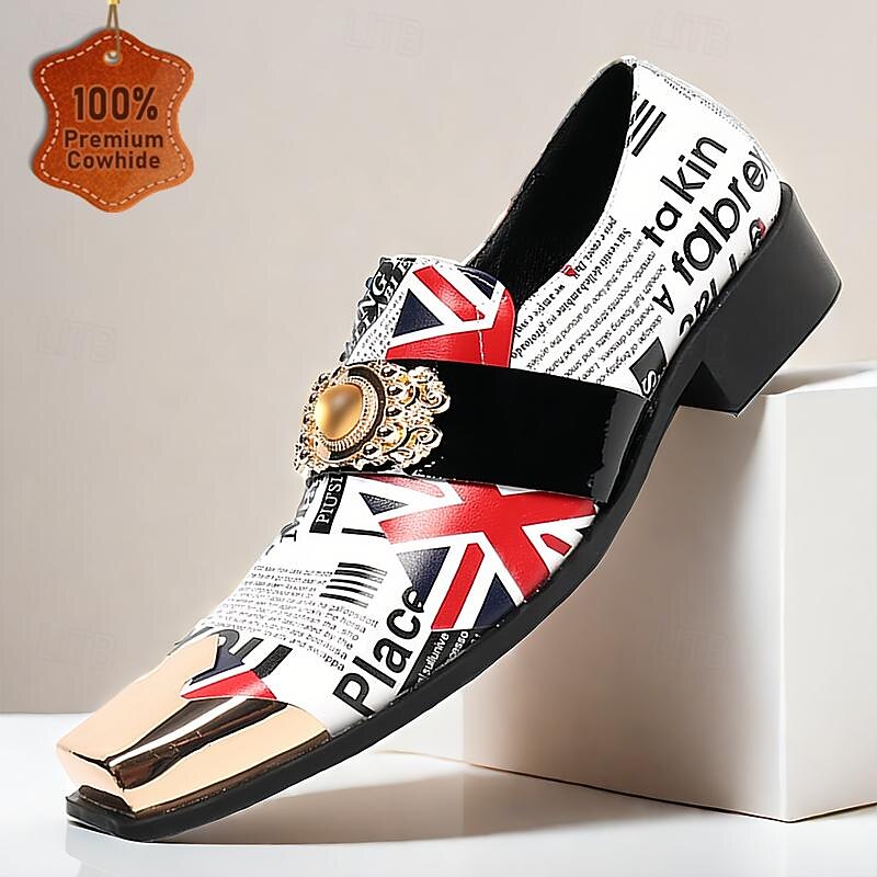 Men's Premium Cowhide Leather Punk Style Loafers - Union Jack and Newspaper Print Slip-On Shoes with Decorative Buckle and Gold Metal Toe Cap