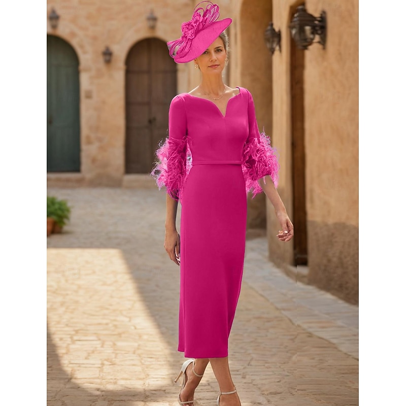 Sheath Mother of the Bride Dress Wedding Guest Elegant V Neck Ankle Length Stretch Fabric Half Sleeve with Feather Race Day Dress4