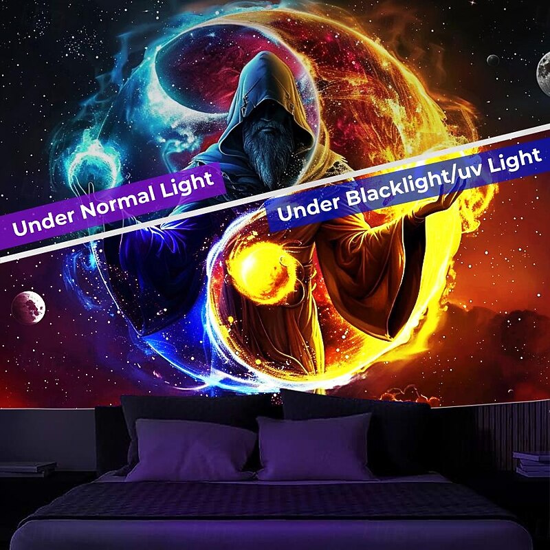 Blacklight Tapestry UV Reactive Glow in the Dark Glow Party Neon Magician Zen Yinyang Psychedelic Trippy Misty Hanging Tapestry Wall Art Mural for Living2