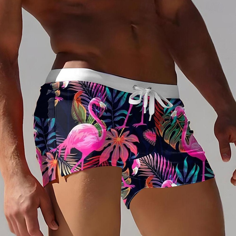Men's Leaf Flamingo Plants Swim Trunks Swim Shorts Boxer Swim Shorts Mid Waist Fashion Designer Surfing Holiday Beach Drawstring Pocket Elastic Waist Designer Clothing Apparel