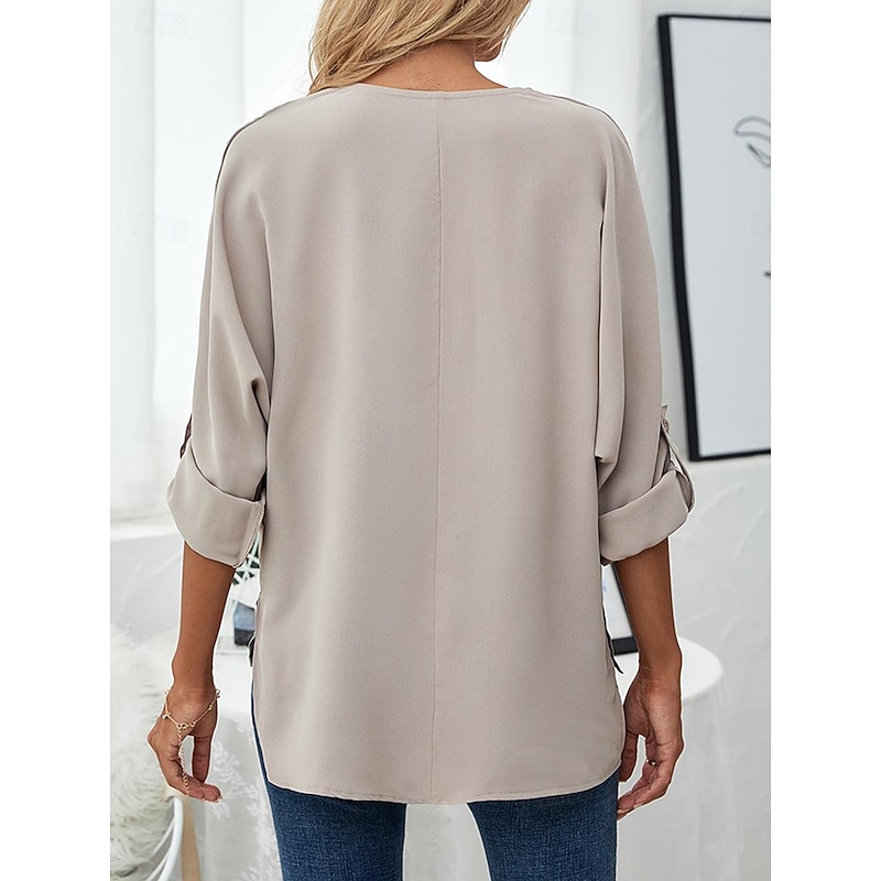 Women's Shirt Dressy Tops Elegant 3/4 Length Sleeve V Neck Ruched Black White Dusty Rose Khaki Spring & Summer2