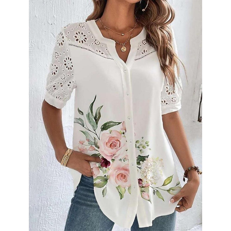 Women's Shirt Blouse Dressy Tops Casual Floral Buttons Cut Out Print Short Sleeve Regular Tops V Neck Vacation Daily Black Pink Blue Light Blue Summer2