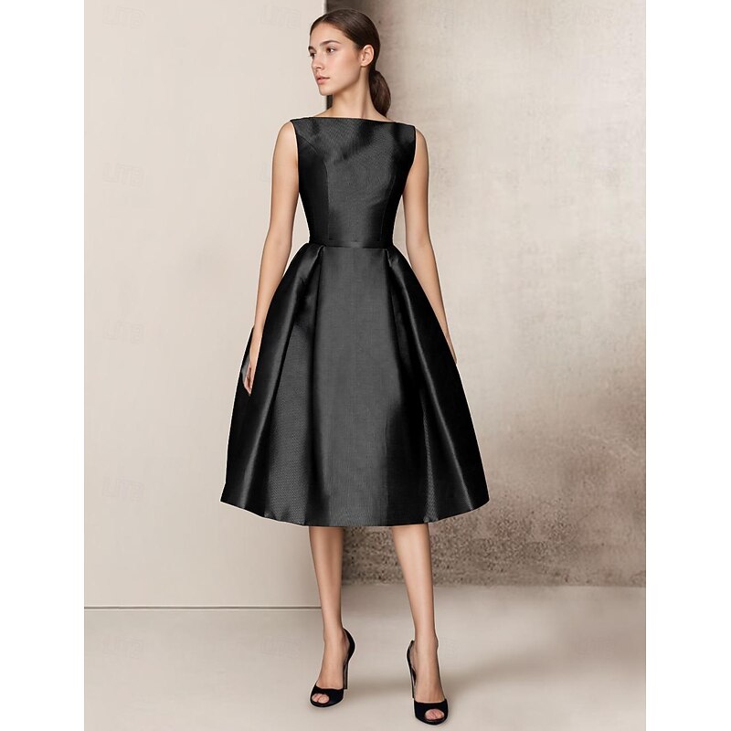 A-Line Wedding Guest Dresses Elegant Dress Homecoming Summer Tea Length Sleeveless V Neck Pocket Satin with Bow(s)