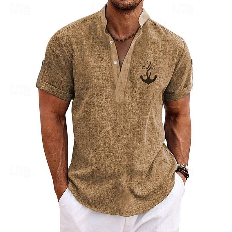 Men's Shirt Linen Shirt Beach Shirt Graphic Prints Outdoor Vacation Yellow Red Blue Green Short Sleeve Stand Collar Summer Spring Clothing Apparel Print4