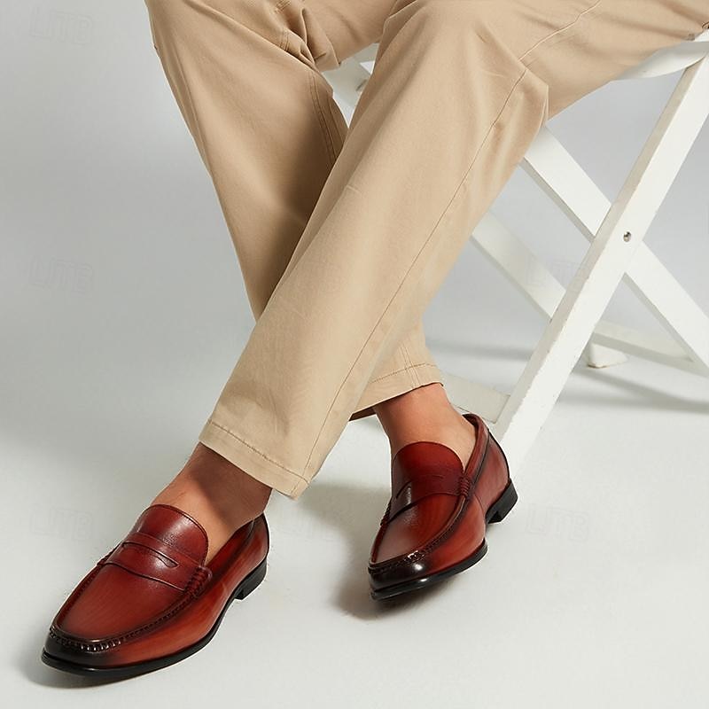 Men's Classic Burnished Tan Leather Loafers - Sleek Slip-On Dress Shoes with Premium Cowhide2