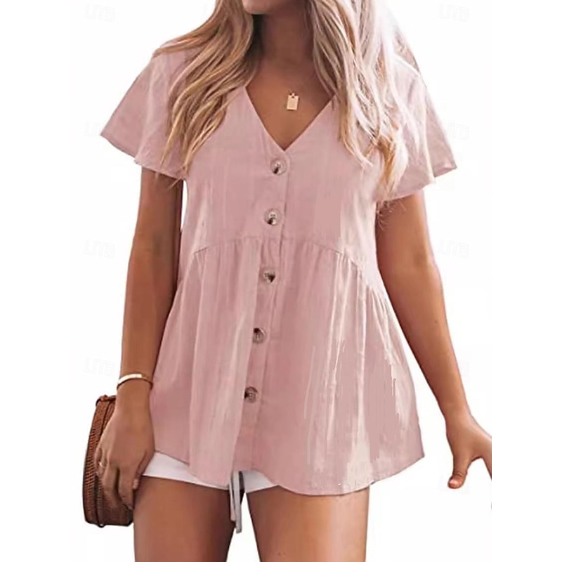 Shirt Button Up Blouse Dressy Tops Women's Black Pink Red Plain Buttons Street Daily Fashion V Neck Regular Fit S4