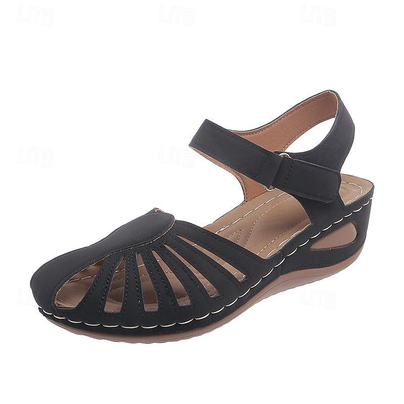 Women's Retro Wedge Sandals Solid Color Closed Toe Cut-out Shoes Casual Slingback Sandals Black Blue Orange3
