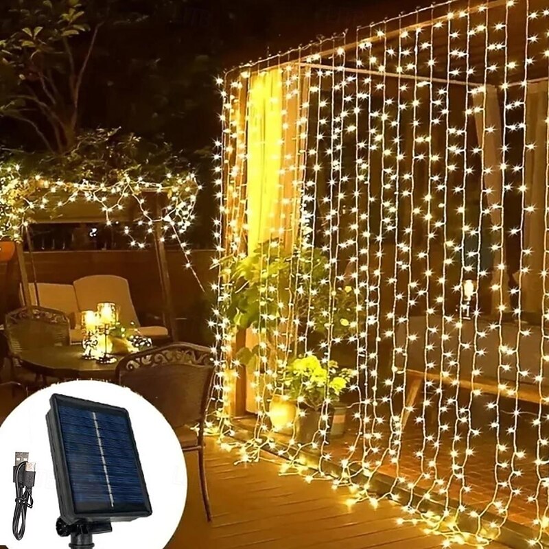 Elegant Wedding Reception Party Outdoor Solar LED String Lights, USB Charging Curtain Fairy Lights 3*3m, Christmas Icicle String Lights Waterfall Lamp Wedding Room Garland Garden Outdoor Decor4