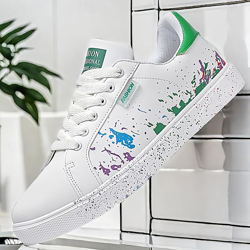 Men's Casual White Sneakers with Color Splash Design - Comfortable Fashionable Low-Top Lace-Up Shoes