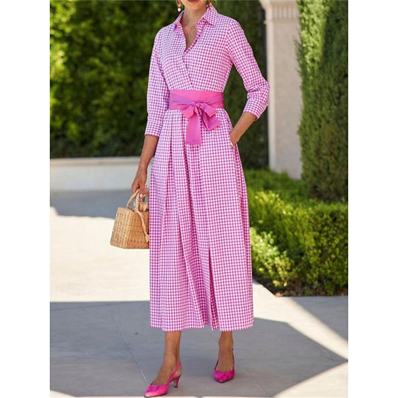 Women's Shirt Dress Casual Dress Maxi long Dress Date Vacation Modern Casual Shirt Collar Lace up Button Long Sleeve Summer Spring Regular Fit Plaid2