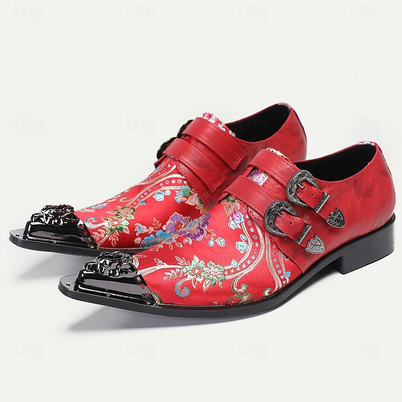 Men's Premium Cowhide Leather Punk Style Monk Strap Shoes - Red Floral Embroidered Double Buckle Slip-On with Metal Toe Cap2