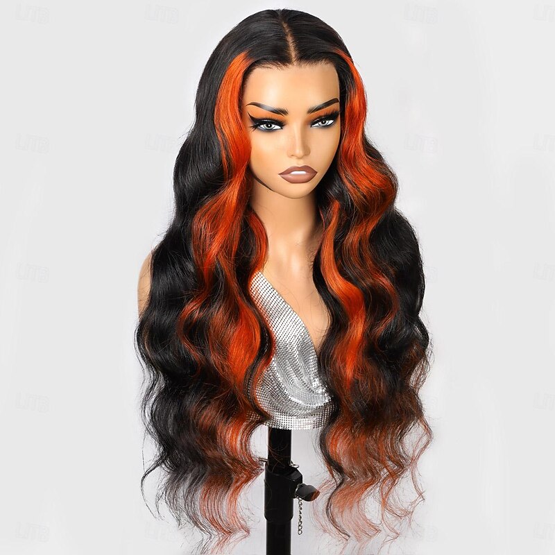 13x4 Lace Front Wig Natural Color Highlights Ginger Body Wave Lace Wig 200% Density For Black Women Long Human Hair3