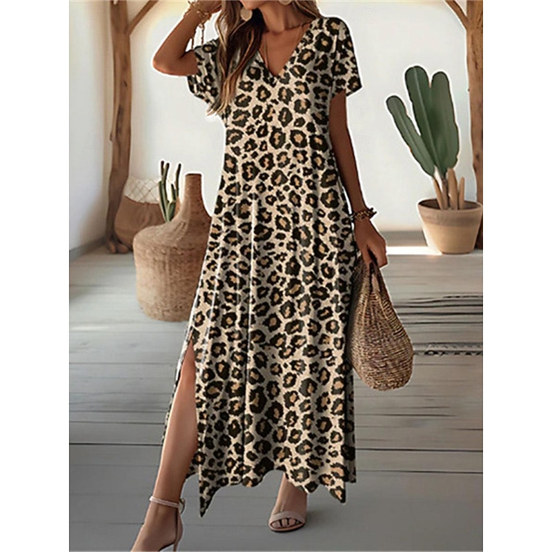 Women's Casual Dress Leopard Print Split Thigh V Neck Long Dress Maxi Dress Stylish Casual Daily Date Short Sleeve Summer