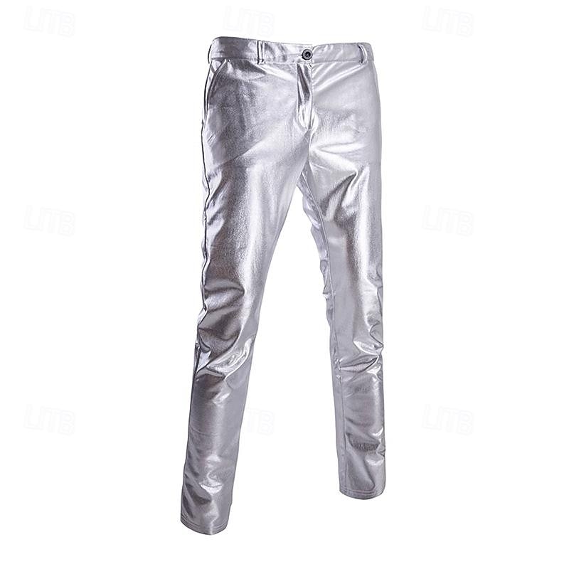 Men's Trousers Faux Leather Pants Casual Pants Front Pocket Plain Comfort Party Daily Holiday Fashion Glitters Silver Black2