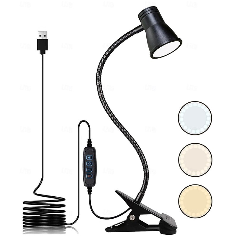 USB LED Desk Lamp Clip on Reading Light, 3 Light Mode 10 Dimmable Brightness Levels Book Light for Dorm Bed Headboard, Adjustable Flexible Neck Clamp Light, Perfect for Working Studying