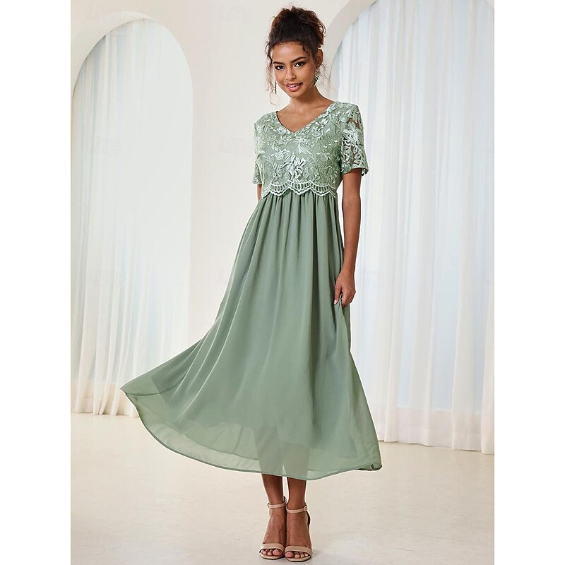 Women's Wedding Guest Cocktail Dress Maxi Dress Contrast Lace Party Elegant Formal V Neck Short Sleeve Pink Green Gray Color 7