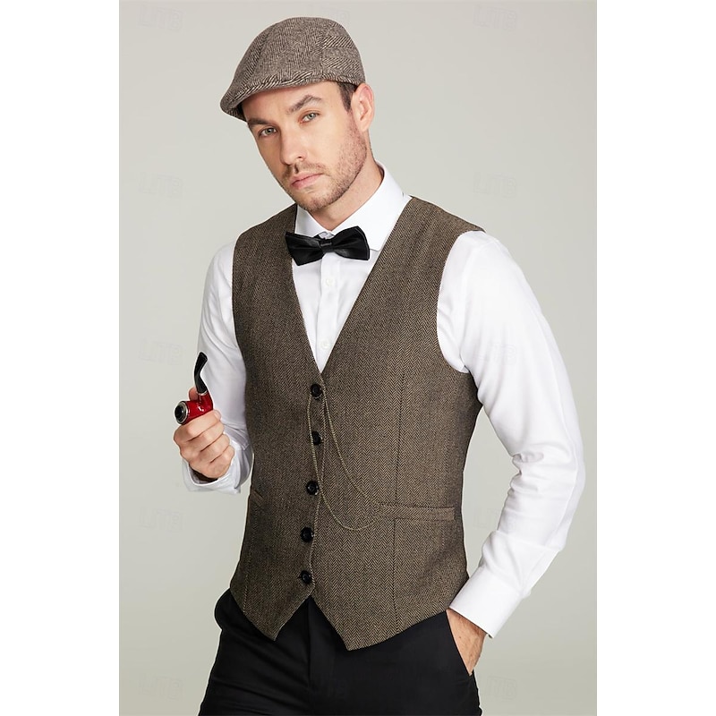 Retro Vintage Roaring 20s 1920s Outfits Waistcoat Accessories Set Gentleman Gangster Fancy Dress Men's Carnival Costume 5 PCS Christmas Halloween Carnival Masquerade Cocktail Party Theme Party Adults'4