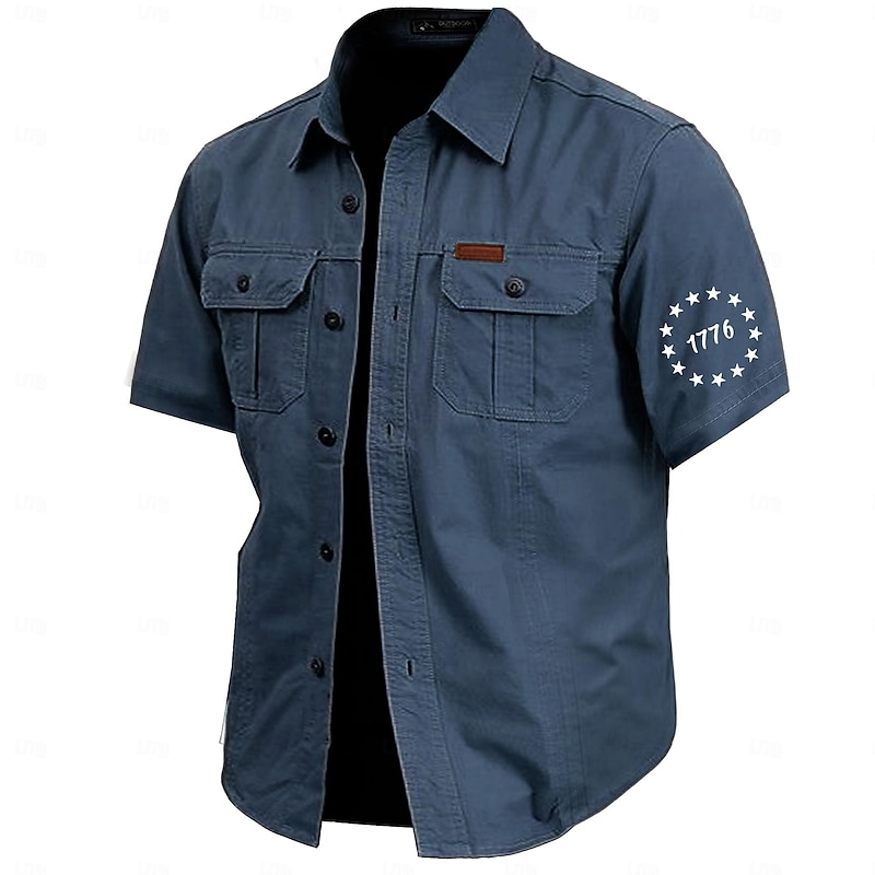 Men's Letter Printed Army Work Shirt Western Shirt Cargo Shirt Short Sleeve Casual Tactical Sports & Outdoor Going out Summer Spring Turndown Print Army Green Khaki Dark Blue Beige4