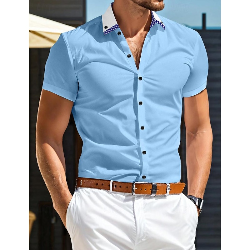 Men's Dress Shirt Button Down Shirt Plaid Wedding Outdoor Blue Sky Blue Short Sleeve Turndown Summer Spring Clothing Apparel