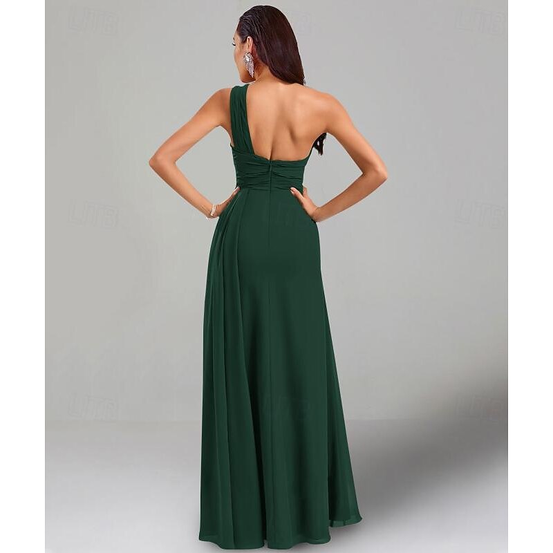 A-Line Wedding Guest Dresses Elegant Dress Black Tie Floor Length Short Sleeve One Shoulder Bridesmaid Dress Chiffon with Ruched2